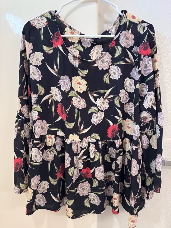 DownEast Tops - Down east Floral Peplum Long-Sleeve Top - Black with Pink & Red Blooms